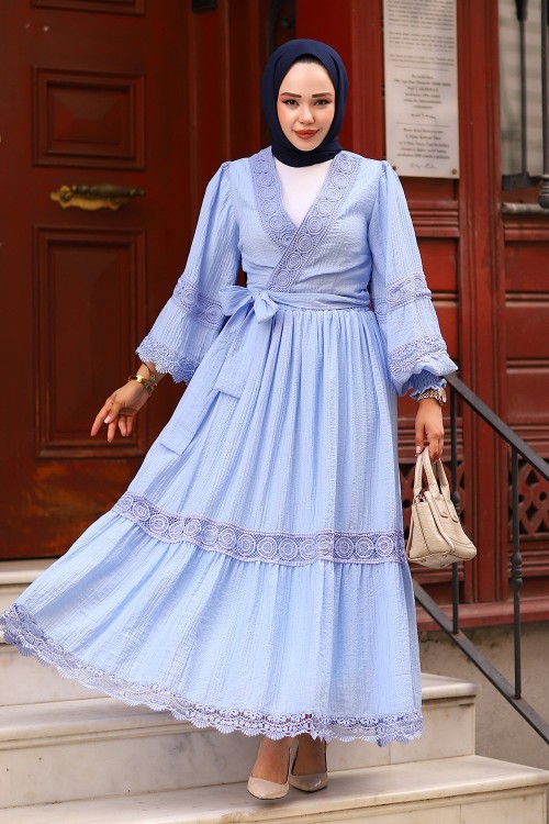 Dantel Detay Tesettür Takım Mavi