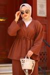 Taşlı Keten Tesettür Takım Acı Kahve