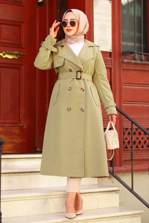 Fermuar Detay Tesettür Trençkot Haki