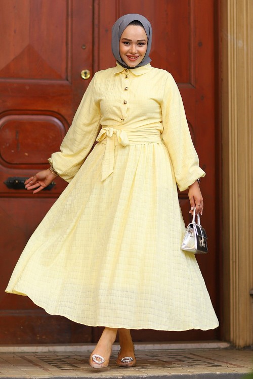 Bağlama Detay Tesettür Etekli Takım Sarı