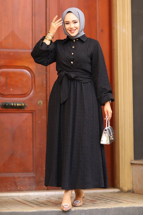 Bağlama Detay Tesettür Etekli Takım Siyah