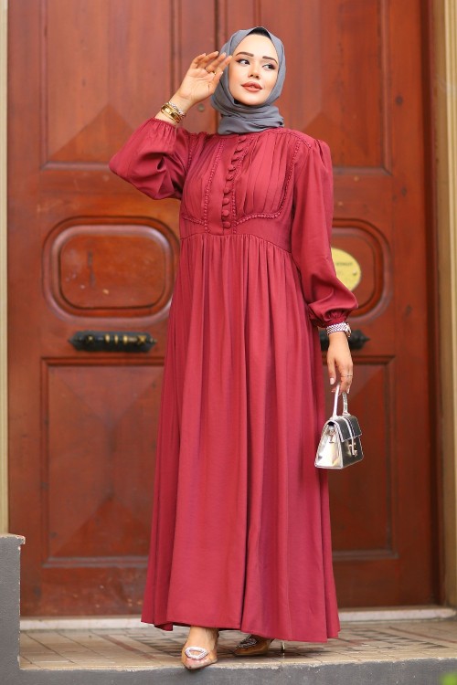Güpür ve Düğme Detaylı Elbise Bordo