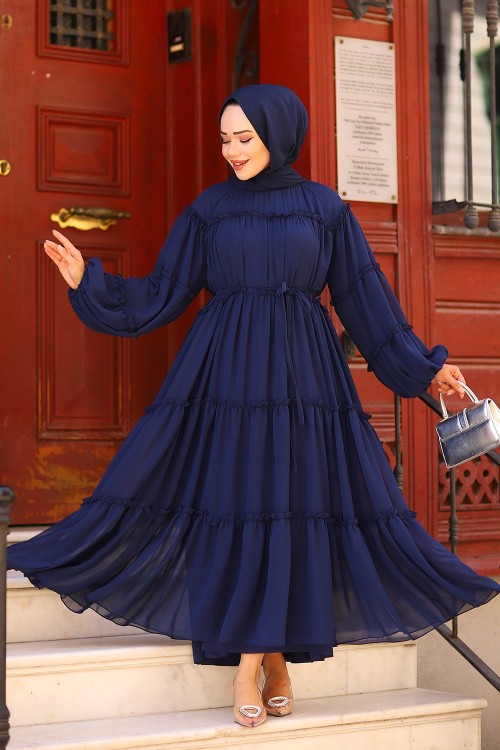 Fırfırlı Tesettür Elbise Lacivert