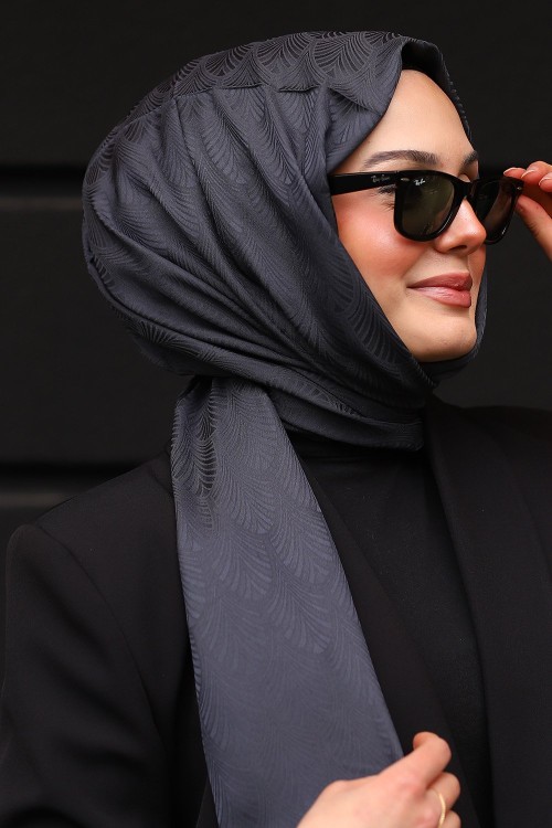 Premium İpeksi Pamuk Jakar Kumaş Tüy Desen Tesettür Şal Koyu Antrasit Gri