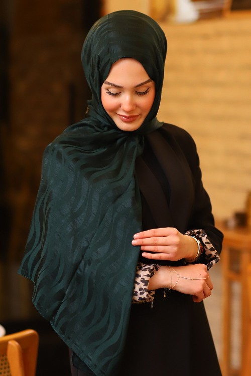 Çift Taraflı İpeksi Pamuk Jakar Kumaş Dalga Desen Tesettür Şal Serisi Petrol