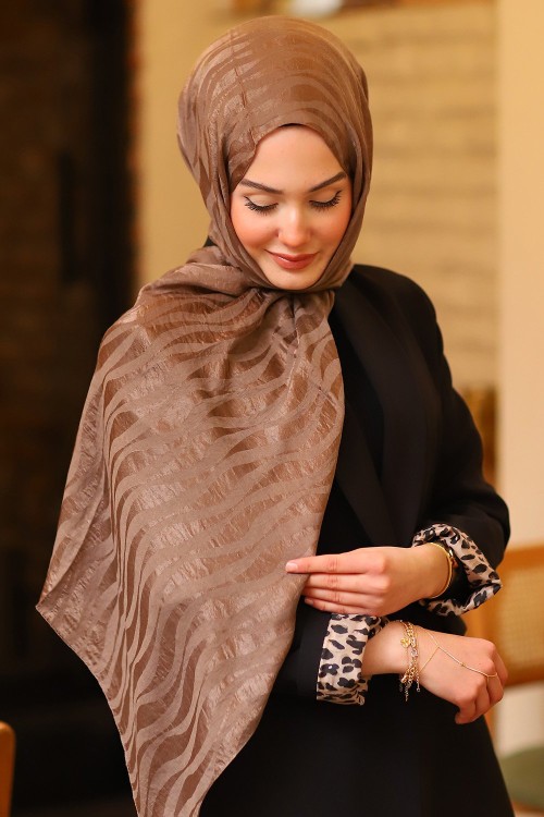 Çift Taraflı İpeksi Pamuk Jakar Kumaş Dalga Desen Tesettür Şal Serisi Açık Bakır