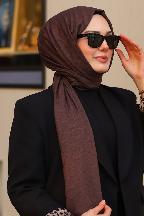 Çift Taraflı İpeksi Pamuk Jakar Kumaş Elmas Desen Tesettür Şal Serisi Acı Kahve