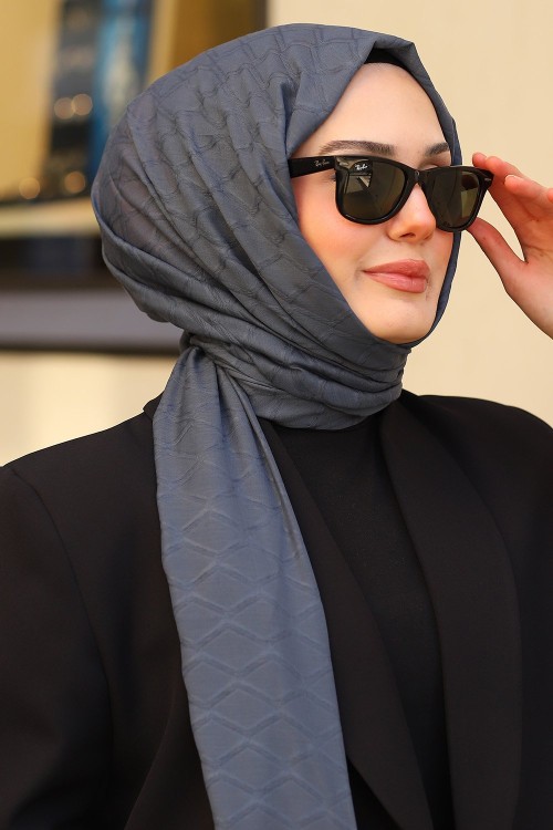 Çift Taraflı İpeksi Pamuk Jakar Kumaş Elmas Desen Tesettür Şal Serisi Petrol Mavi