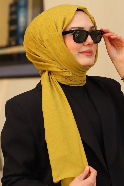 Çift Taraflı İpeksi Pamuk Jakar Kumaş Elmas Desen Tesettür Şal Serisi Yağ Yeşili