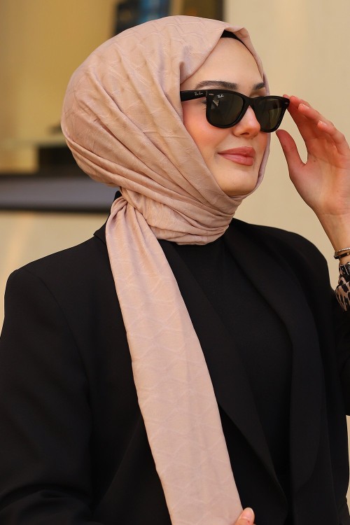 Çift Taraflı İpeksi Pamuk Jakar Kumaş Elmas Desen Tesettür Şal Serisi Bej