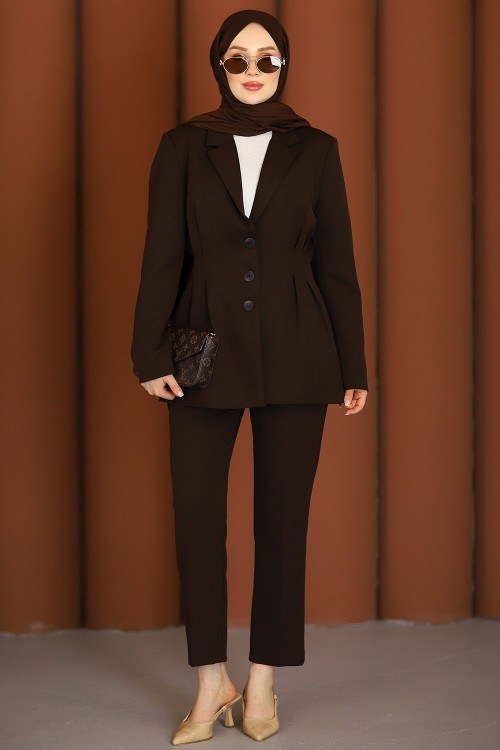 İnci Premium Blazer Tesettür Takım Acı Kahve