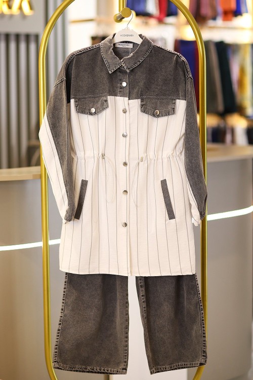 Premium Kalite Çizgili Kot Tesettür Takım Gri