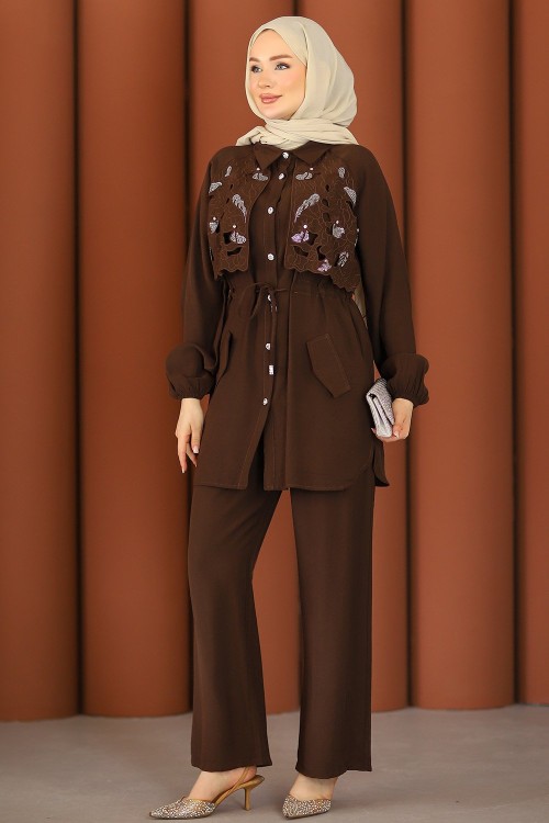 Premium Işıltılı Güpürlü Taşlı Tesettür Takım Acı Kahve