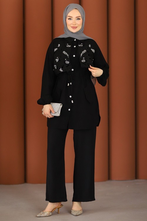 Premium Işıltılı Güpürlü Taşlı Tesettür Takım Siyah