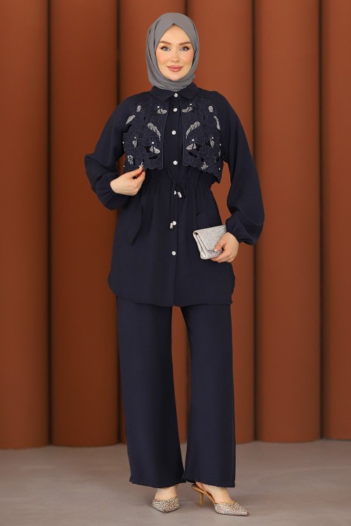Premium Işıltılı Güpürlü Taşlı Tesettür Takım Lacivert