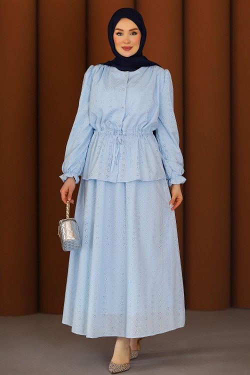 Premium Fisto Tesettür Etekli Takım Mavi
