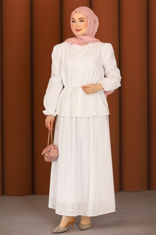 Premium Fisto Tesettür Etekli Takım Ekru