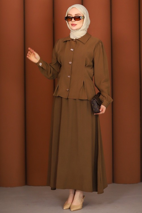 Premium Pensli Tesettür Etekli Takım Acı Kahve