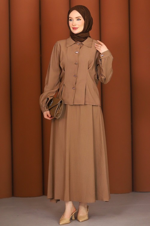 Premium Pensli Tesettür Etekli Takım Bej