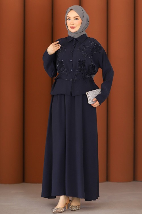 Premium Nakışlı Şık Tesettür Etekli Takım Lacivert