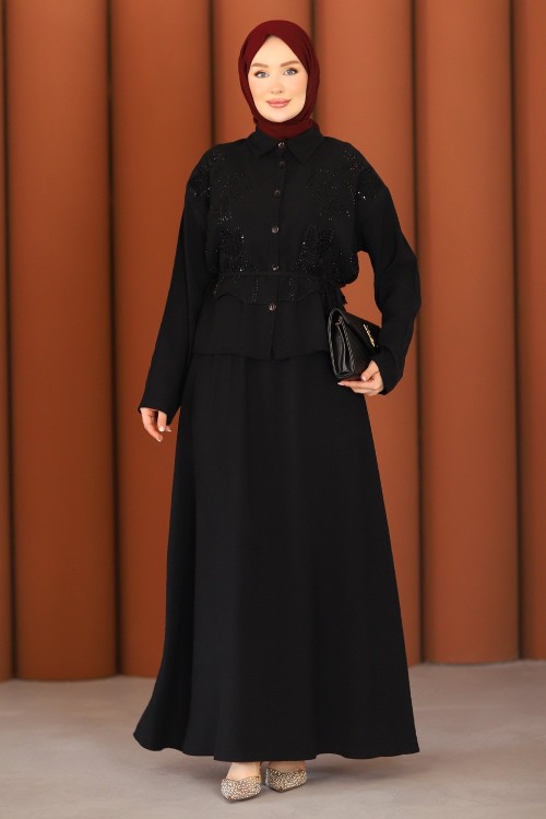 Premium Nakışlı Şık Tesettür Etekli Takım Siyah