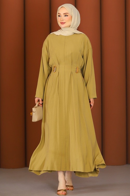 Premium Flora Tesettür Elbise Yağ Yeşili