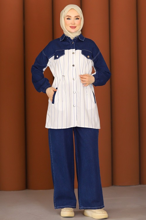 Premium Kalite Çizgili Kot Tesettür Takım Koyu Lacivert Manken