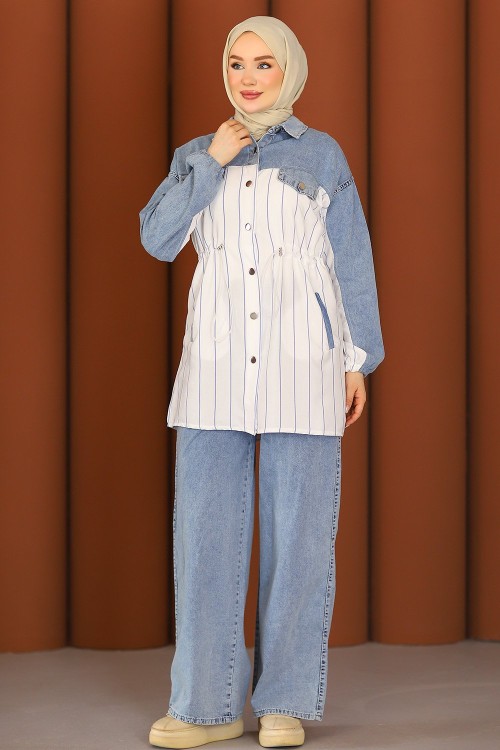 Premium Kalite Çizgili Kot Tesettür Takım Kar Yıkama Manken
