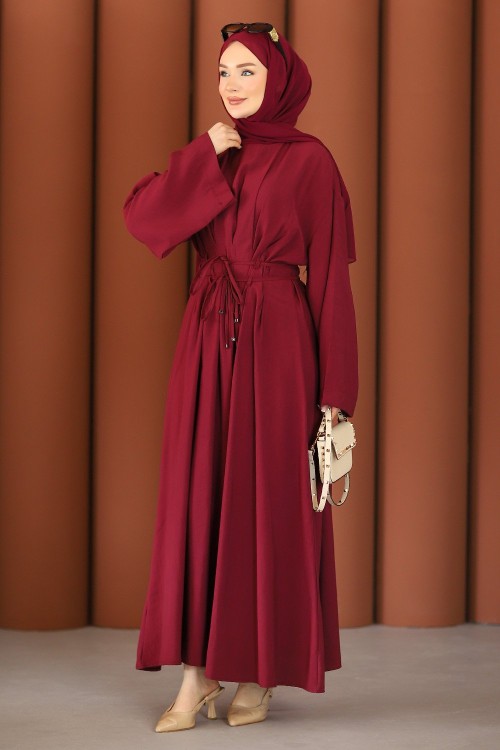 Premium Dökümlü Tesettür Elbise Bordo