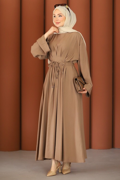 Premium Dökümlü Tesettür Elbise Bej