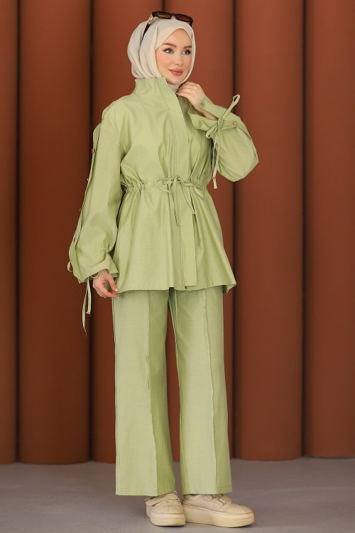 Premium Büzgü Detay Tesettür Takım Yeşil