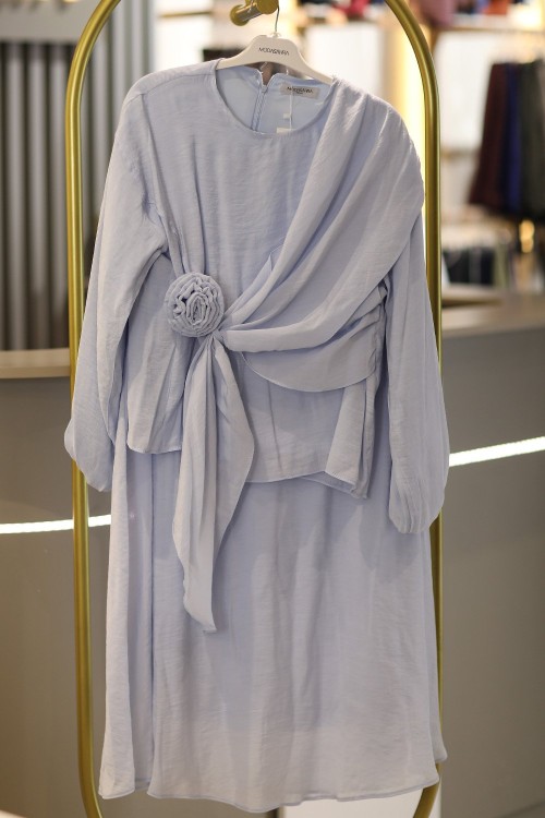 Gül Drapeli Tesettür Etekli Takım Mavi