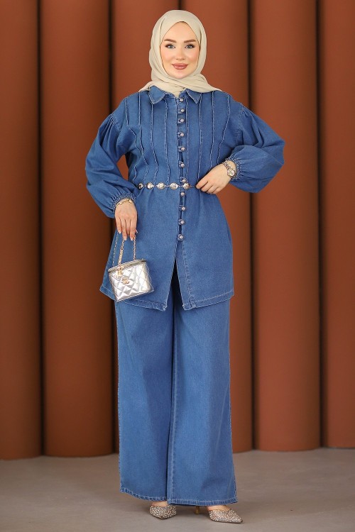 Premium Pileli Kemerli Kot Takım Orta Mavi