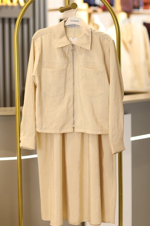 Premium Fermuarlı Ceketli Etekli Tesettür Takım Bej