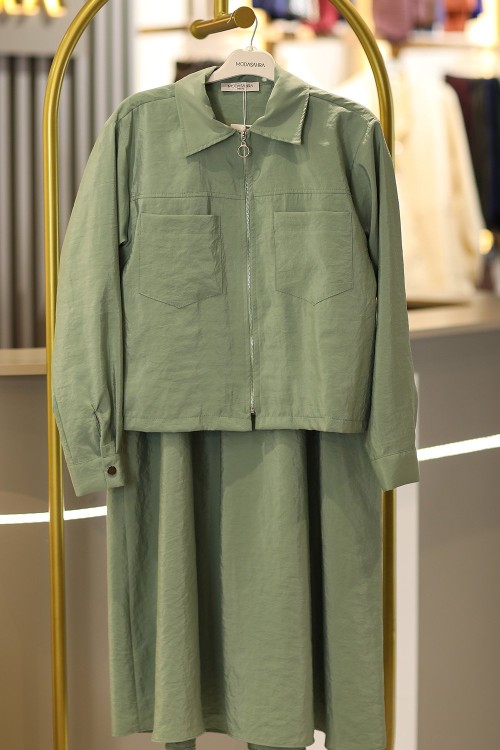 Premium Fermuarlı Ceketli Etekli Tesettür Takım Yeşil