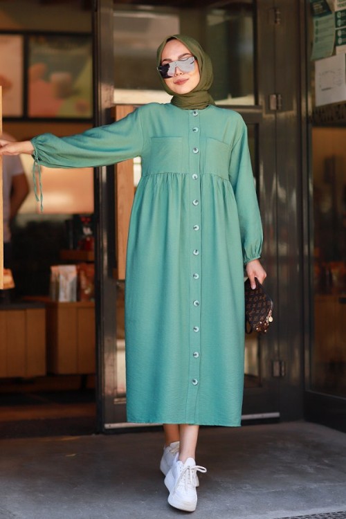 Keten Tesettür Elbise Yeşil