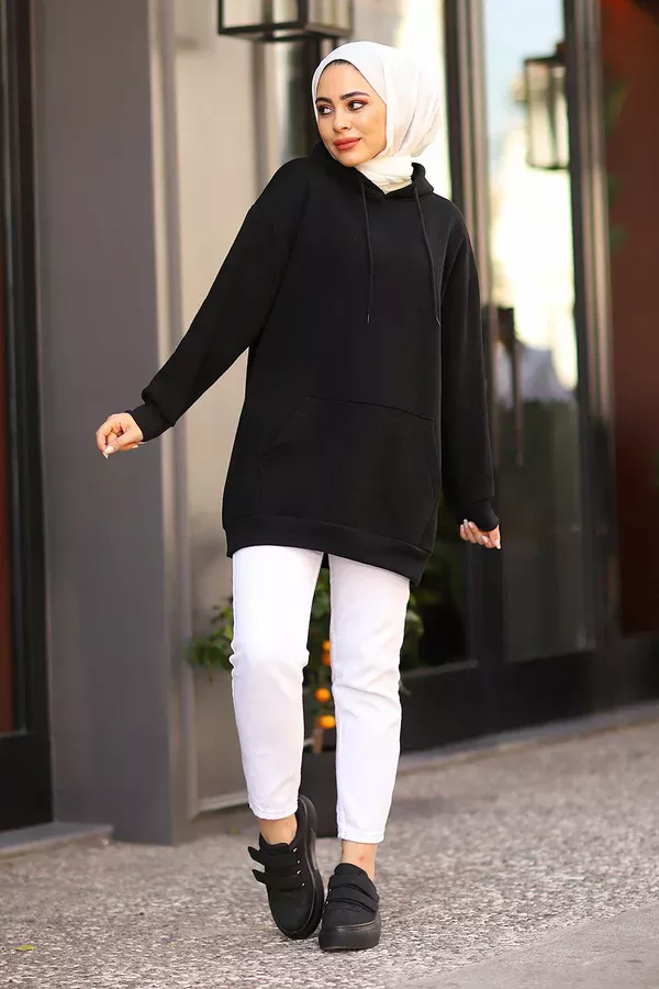Kanguru Cep Detaylı Tesettür Sweat Siyah