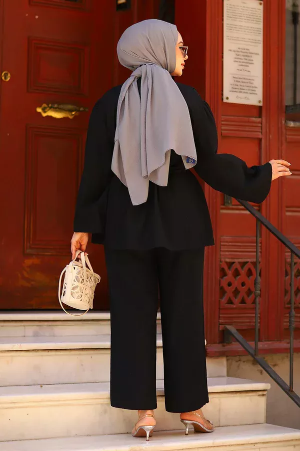 Bağlamalı Keten Tesettür Takım Siyah