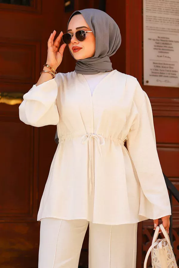 Bağlamalı Keten Tesettür Takım Ekru
