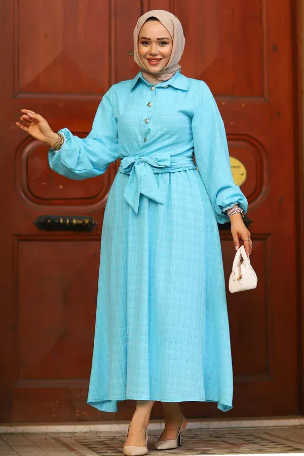 Bağlama Detay Tesettür Etekli Takım Mavi