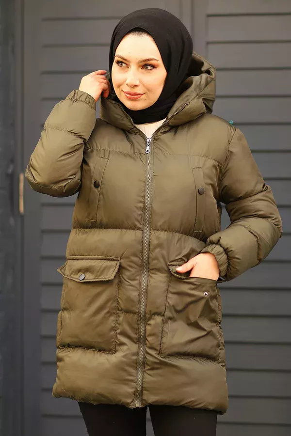 Fermuarlı Puffy Tam Dolum Tesettür Mont Haki