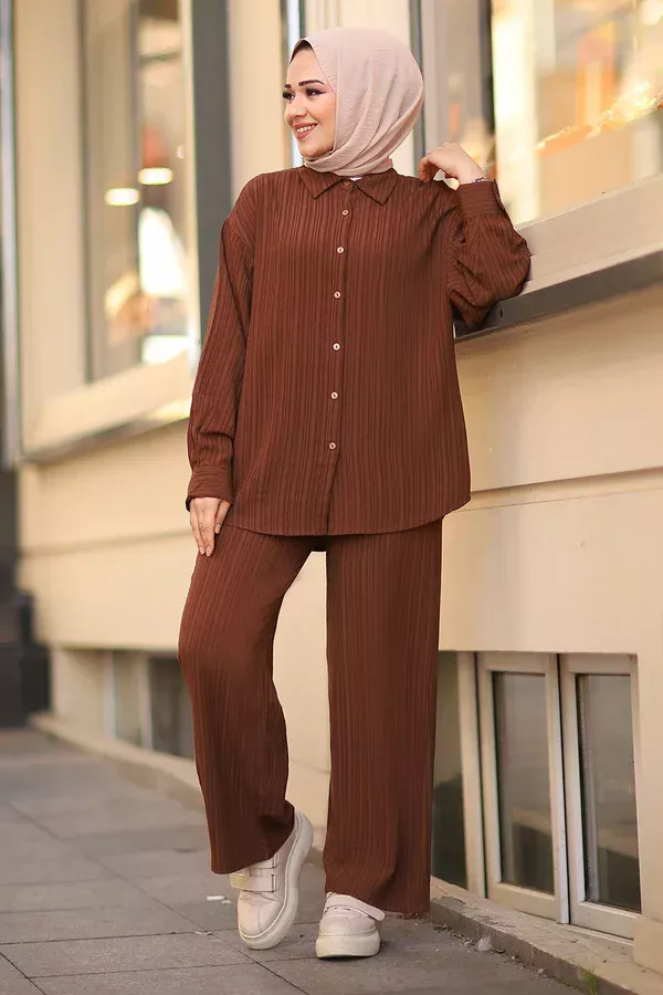Gömlek Tesettür Takım Kahverengi