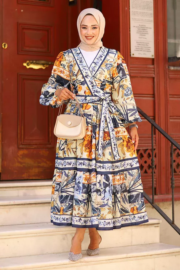 Keten Tesettür Etekli Takım Mavi