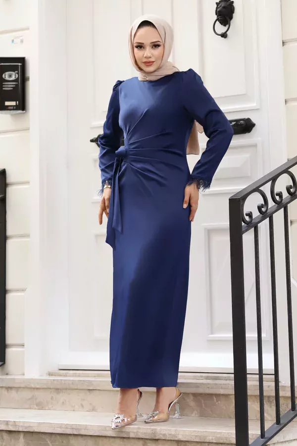 Saçaklı Tesettür Abiye Elbise Lacivert