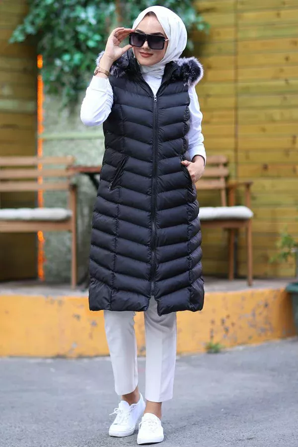 Tam Dolgu Verev Dikim Kürklü Tesettür Şişme Yelek Siyah
