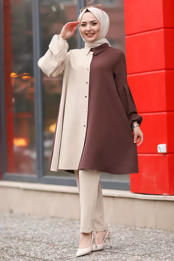 Çift Renkli Balon Kol İkili Tesettür Takım Acıkahve